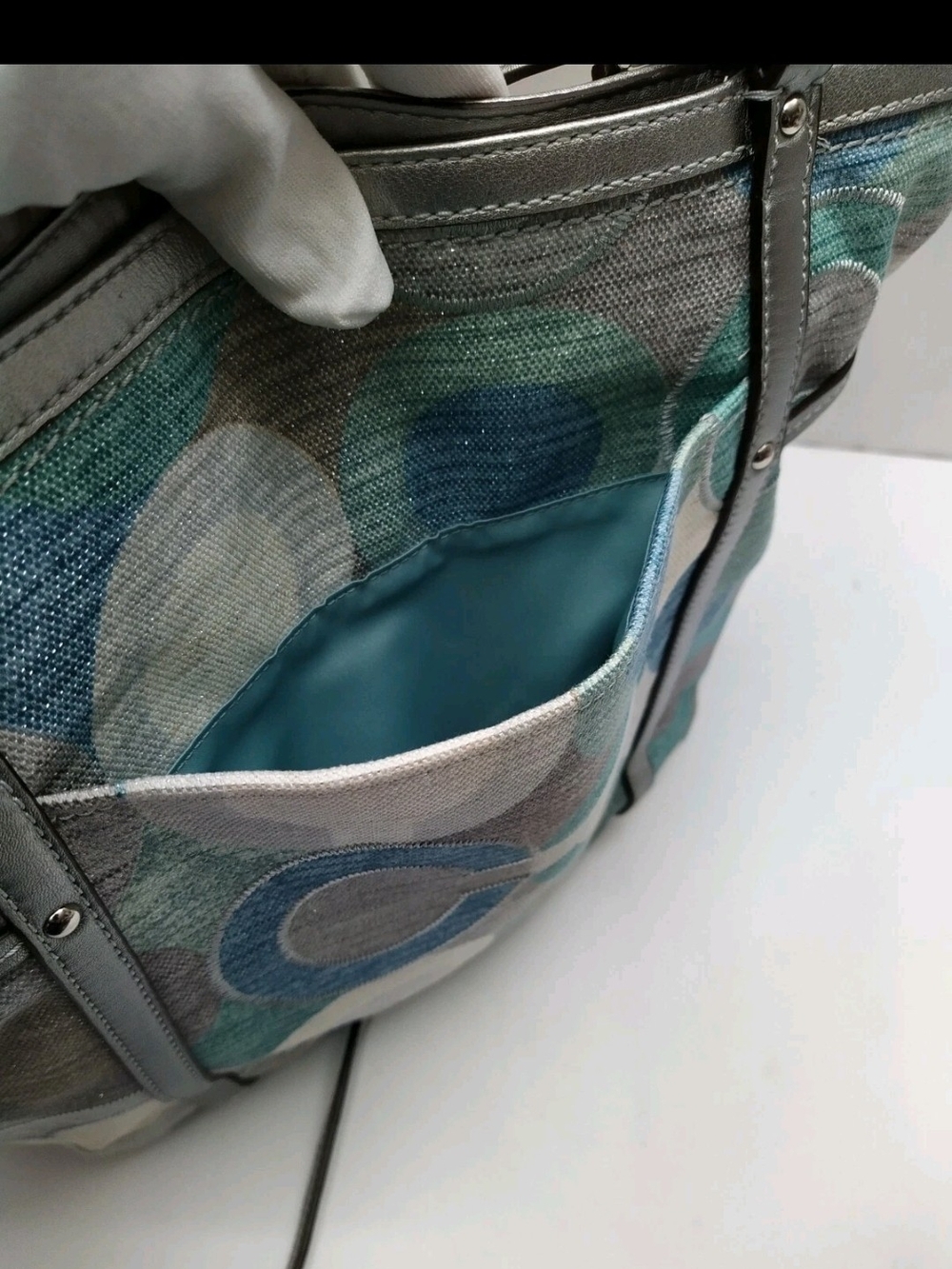 Coach Audrey Op Art Cinched Tote Multi Color Metallic W/Silver Leather Trim - Picture 10 of 16